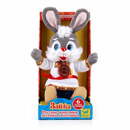 Мягкая игрушка – заяц в русской одежде, озвученный, 6 песен, 15 см. 